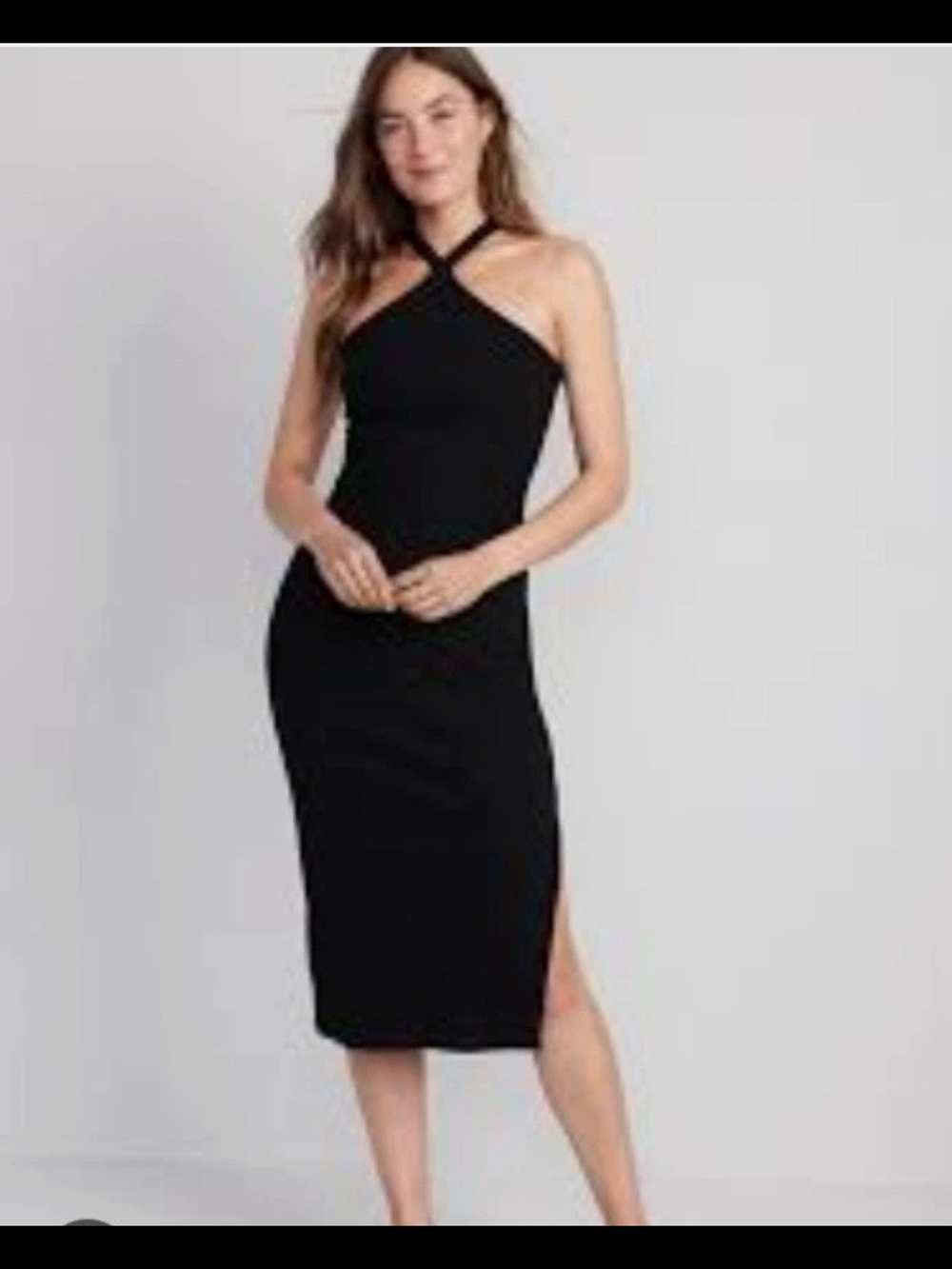 Black Halter Midi Dress with Side Slit